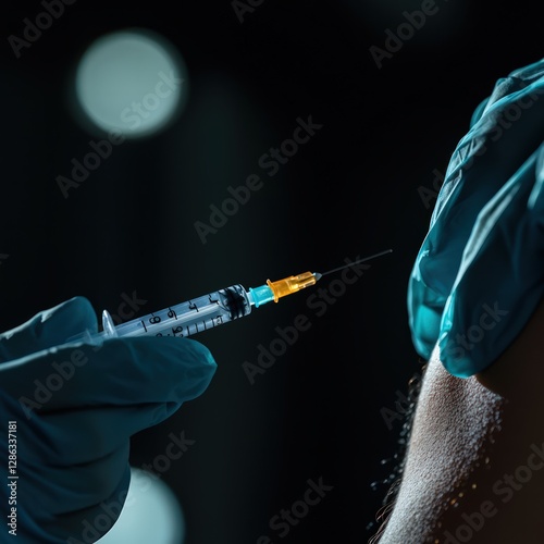 Close-Up of a Syringe Being Prepared for Injection of Vaccine into Patient's Arm photo