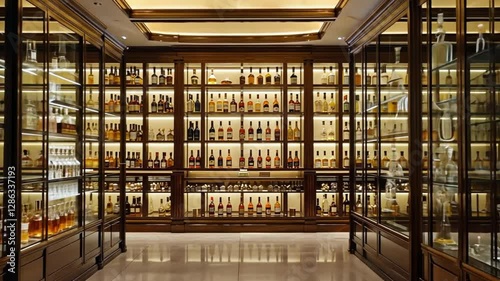 Elegant liquor store interior with glass cabinets and shelves filled with bottles of alcohol