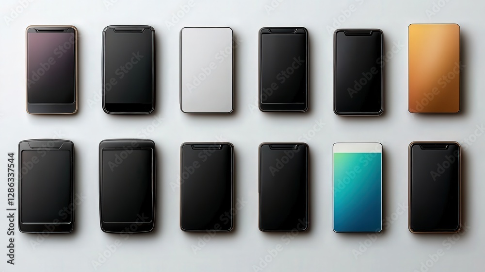 This image features a grouped array of smartphones displayed in different colors and designs, representing modern technology and consumer electronics with a clean and organized style. This image features a grouped array of smartphones displayed in different colors and designs, representing modern technology and consumer electronics with a clean and organized style.