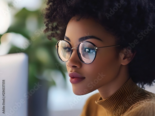 Young Woman with Curly Hair and Glasses in Thoughtful Moment