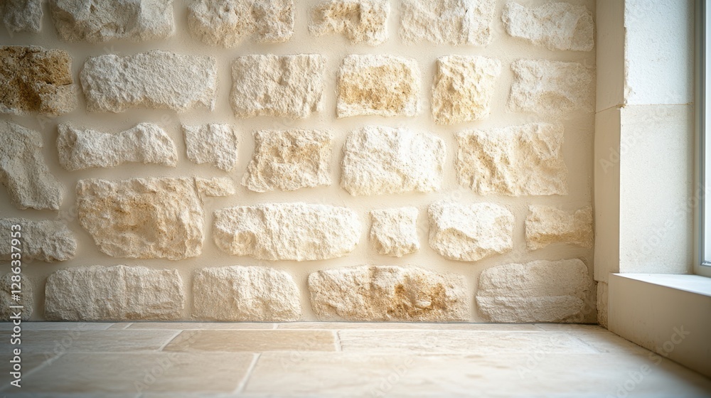 Fototapeta premium A cat rests calmly on the floor, positioned against a rustic stone wall, creating a serene indoor atmosphere.