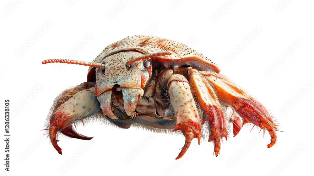 Uncommon hermit crab displaying unique shell transformation captured in a vivid close-up