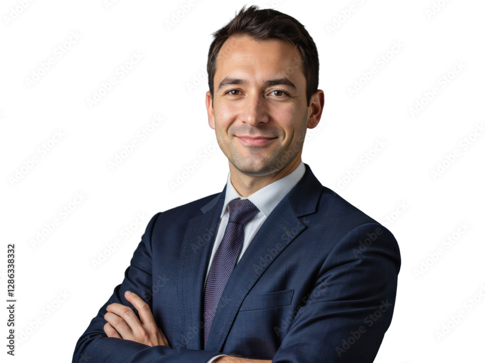 A professional businessman, wearing a dark suit and tie, stands confidently with his arms crossed against a transparent background A professional businessman, wearing a dark suit and tie, stands confidently with his arms crossed against a transparent background