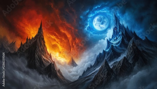 Fiery and icy mountainscapes meet under a dramatic sky, showcasing contrasting colors and textures. A surreal, fantasy like scene with a large moon