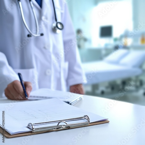 Doctor Writing Notes on Clipboard in Front of Patient Bed in a Modern Hospital Environment