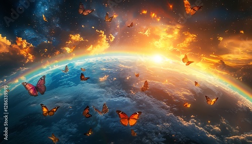 A breathtaking moment of butterflies dancing around a vibrant rainbow above the Earth, vivid colors, soft glowing light, promoting nature s beauty and joy, highdefinition image photo