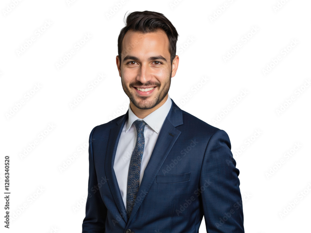 A young man wearing a dark suit and tie stands against a transparent background A young man wearing a dark suit and tie stands against a transparent background