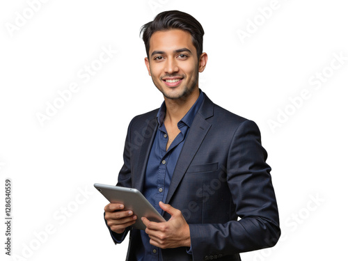 A well-dressed man in a suit holds a tablet with a neutral expression on his face