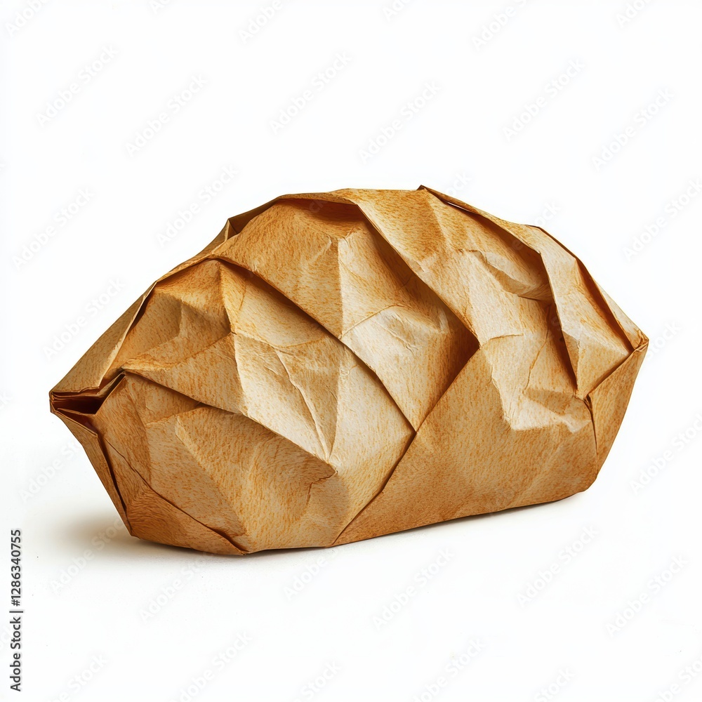 Paper origami loaf of bread with crusty folded edges, soft textured paper, isolated on white Paper origami loaf of bread with crusty folded edges, soft textured paper, isolated on white