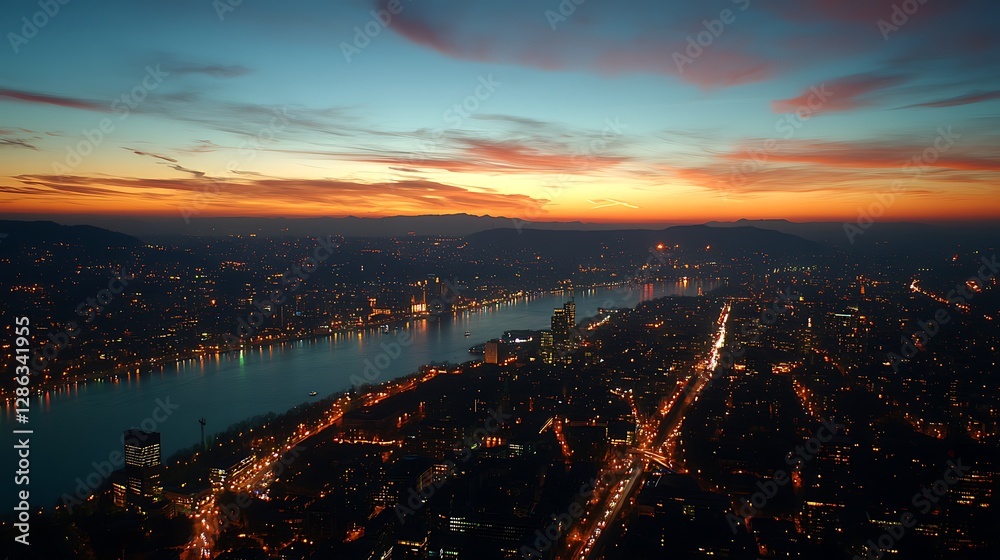Fototapeta premium Cityscape sunset over river, aerial view