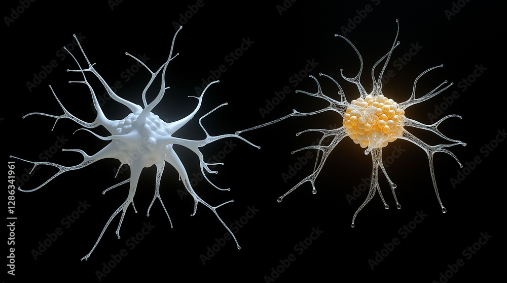 Amyloid plaque brain. Neurodegeneration cells. Beta-amyloid diagnosis. Comparison of neuron types: healthy vs. amyloid-affected cells. Amyloid plaque brain. Neurodegeneration cells. Beta-amyloid diagnosis. Comparison of neuron types: healthy vs. amyloid-affected cells.