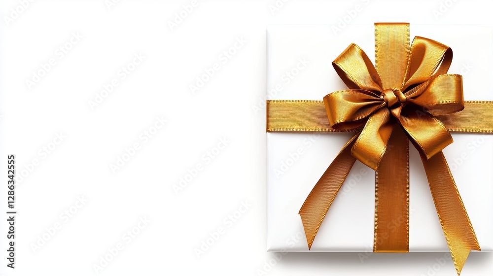 Elegant white gift box with golden ribbon and bow on a clean white background showcasing luxury and celebration themes Elegant white gift box with golden ribbon and bow on a clean white background showcasing luxury and celebration themes
