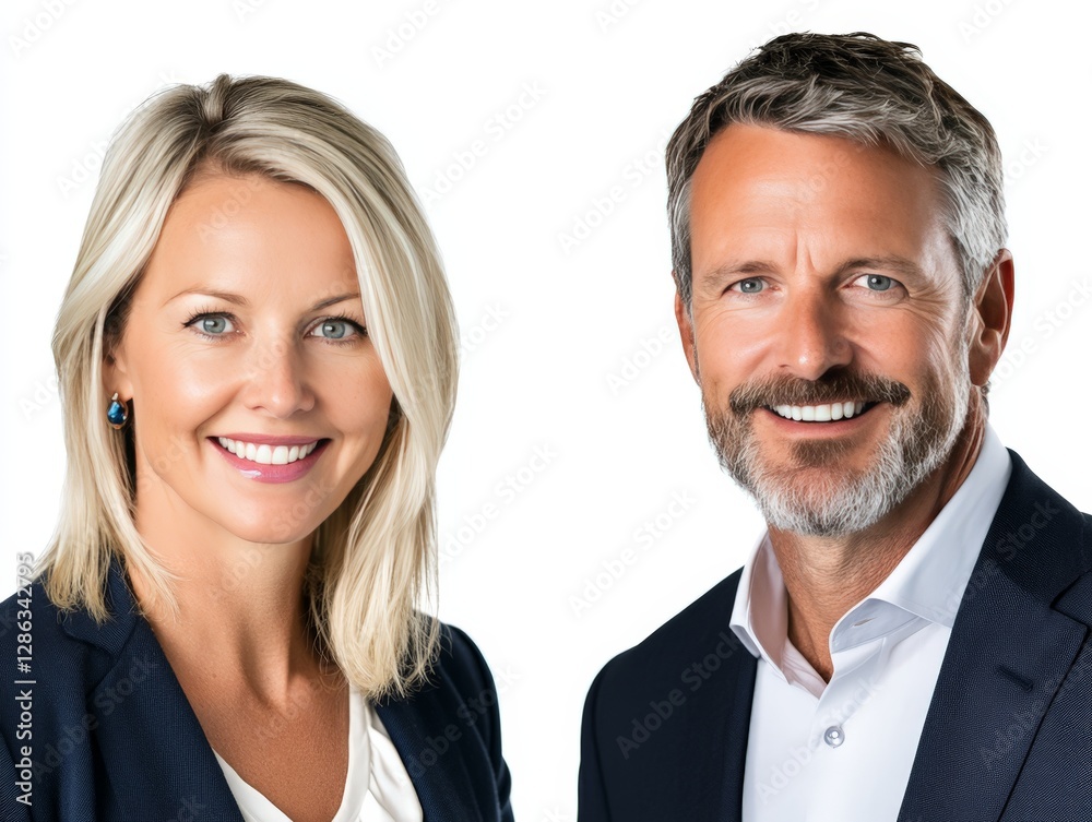 Professional corporate business team with confident expressions featuring male and female executives in formal attire against a clean white background conveying success and leadership Professional corporate business team with confident expressions featuring male and female executives in formal attire against a clean white background conveying success and leadership