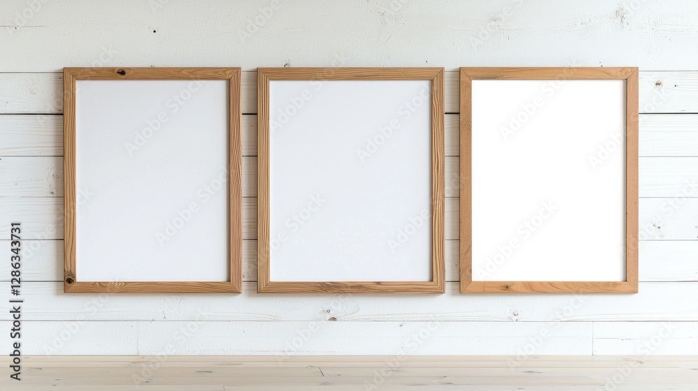 Fototapeta premium Three blank frames on wooden wall mockup