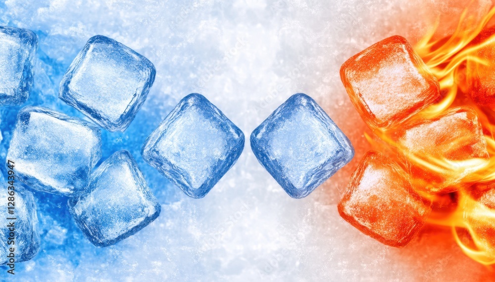 Ice cubes and fire flames contrast dramatically, showcasing opposing elements of cold and heat. The image features translucent ice on one side and Ice cubes and fire flames contrast dramatically, showcasing opposing elements of cold and heat. The image features translucent ice on one side and