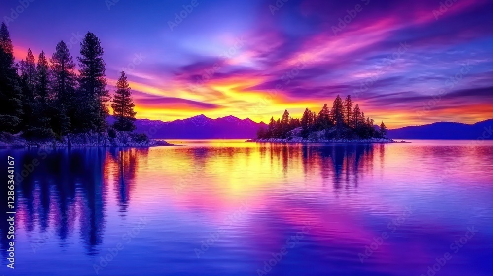 Fototapeta premium Dramatic Sunset Sky Reflection on Mountain Lake with Trees and Island