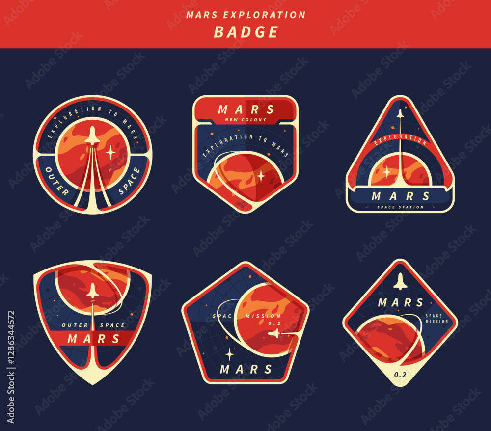 Poster Mars exploration badge set, vector sticker, emblem, space label ...