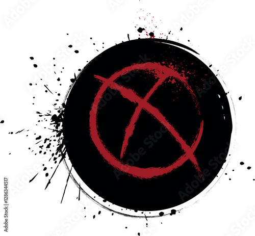 Stop sign, grunge, brush drawing red circle crossed out, splashes. Vector graphics prohibition symbol on black background