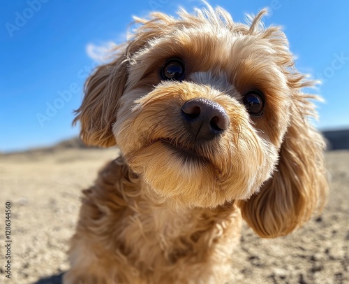 A close-up shot of an adorable brown cavapoo dog, with its head tilted and mouth open as if it's speaking or showing love to the camera. 