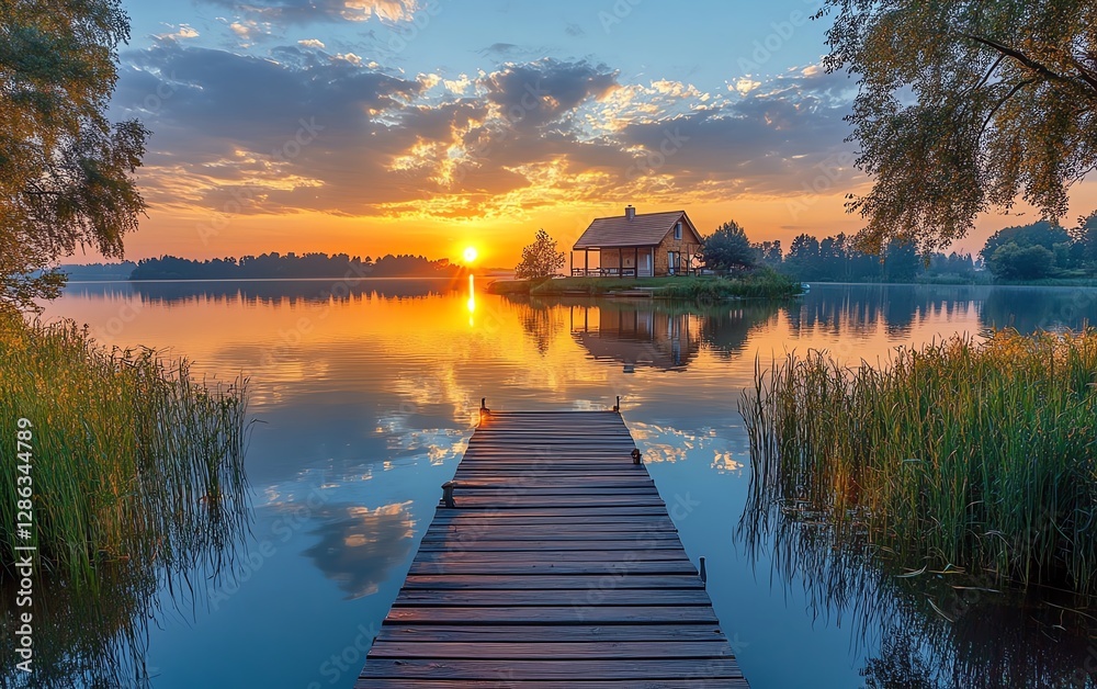 Obraz premium Stunning lake house with a charming dock, nestled on a calm lake, golden sunset reflecting off the water, serene nature backdrop, vibrant and peaceful, highdefinition detail