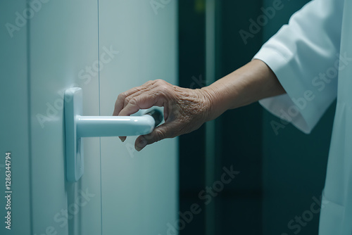 Close-up of an aging hand opening a door in a medical setting. The hand is gripping a clean, white handle, suggesting a hospital or clinic environment.