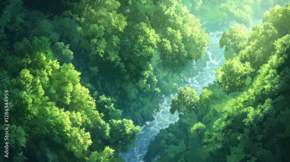 Aerial view of lush green forest with a flowing river.