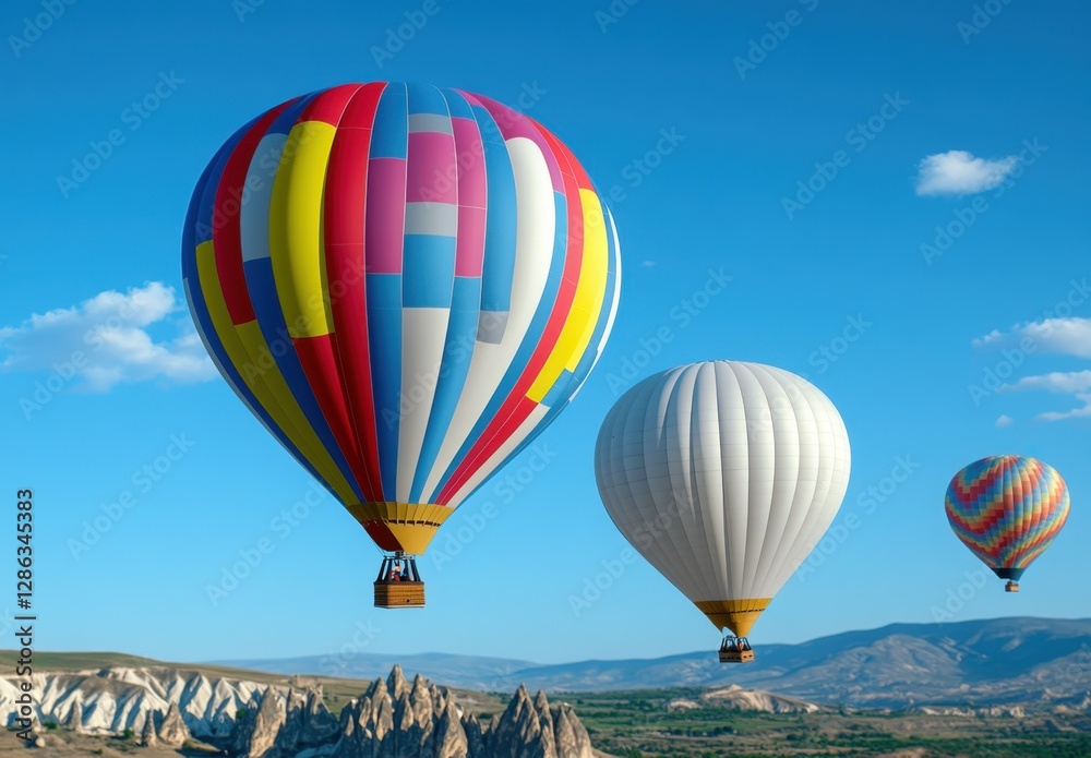 Naklejka premium Three hot air balloons, multicolored, white, and rainbow striped, ascend against a vibrant blue sky over a landscape of rolling hills and rock