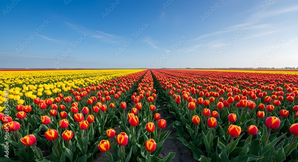 Vibrante campo de tulipanes bajo un cielo azul claro Vibrante campo de tulipanes bajo un cielo azul claro