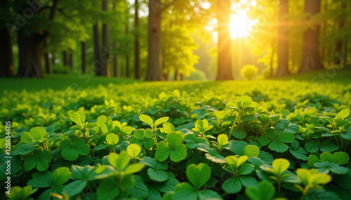 Sunlit lush clover field in forest, St. Patrick’s Day, vibrant greenery, copy space