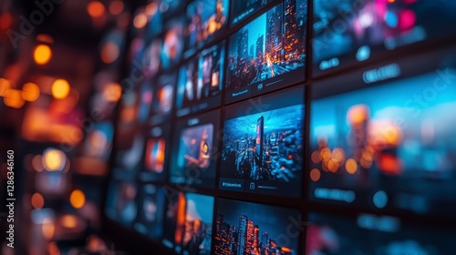 Cityscape thumbnails on screen, night view, bokeh background, website design