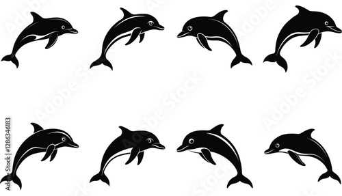 Sea silhouettes set. Dolphoin Vector Silhouette set Collection.