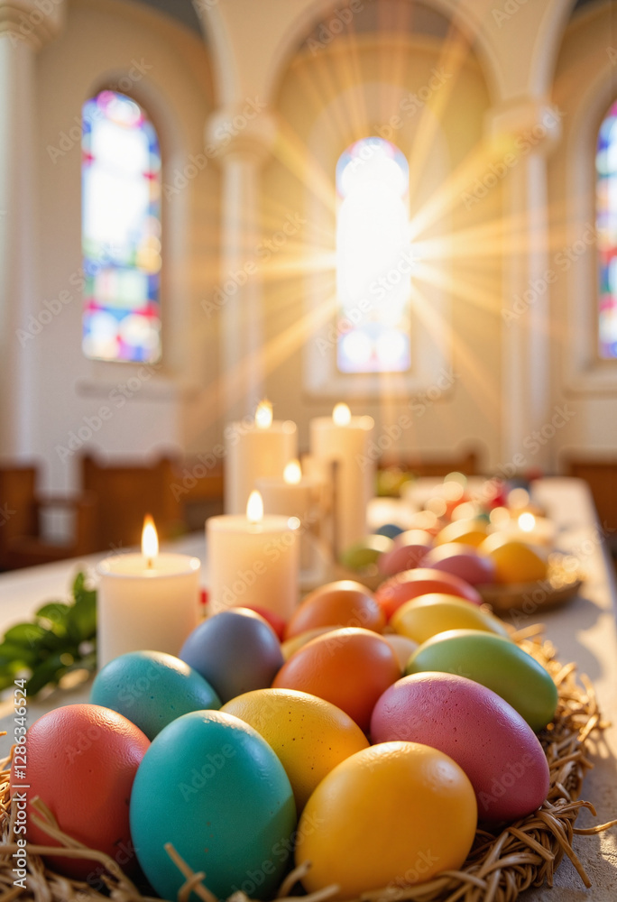 Colorful Easter eggs and candles on church altar during service, celebration Colorful Easter eggs and candles on church altar during service, celebration