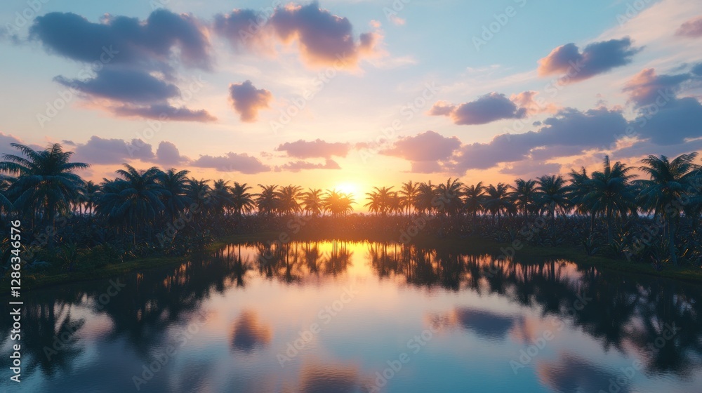Naklejka premium Palm Trees Silhouette at Sunset Reflecting on Calm Lake Water