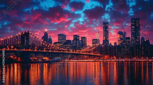 Cityscape sunset, bridge reflection, vibrant sky, urban panorama, travel