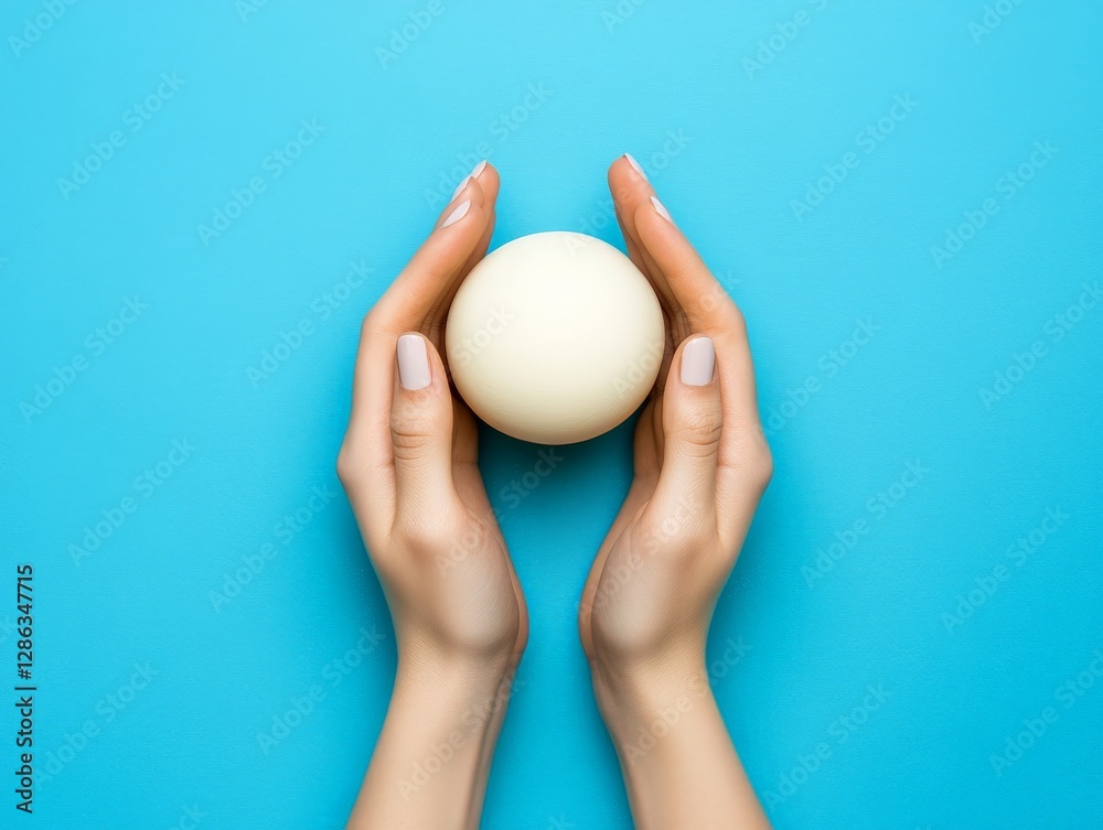 Open hands presenting smooth round white ball against vibrant blue backdrop symbolizing balance purity symmetry holistic energy and the concept of offering in minimalistic composition Open hands presenting smooth round white ball against vibrant blue backdrop symbolizing balance purity symmetry holistic energy and the concept of offering in minimalistic composition