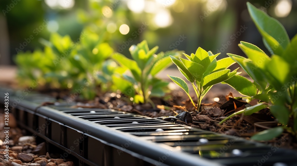 Metal Drainage Grate on Pathway Draining Storm Water with Rows of Green Plants