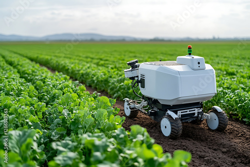 Automated agriculture: A robot harvests a field of crops, showcasing the future of farming with sustainable and efficient agricultural practices.