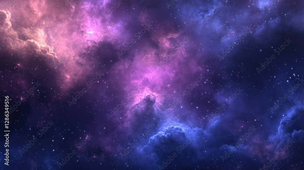 Naklejka premium A magical abstract night sky blending deep purples and blues, with soft clouds drifting under twinkling glowing stars