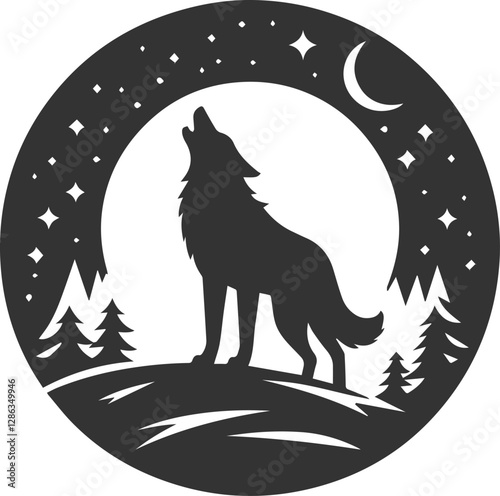 A wolf standing on a snowy hill, howling at the night sky animal vector silhouette