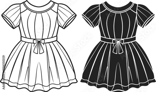 Girls Empire Babydoll Dress design with smocking chest details flat sketch fashion illustration drawing