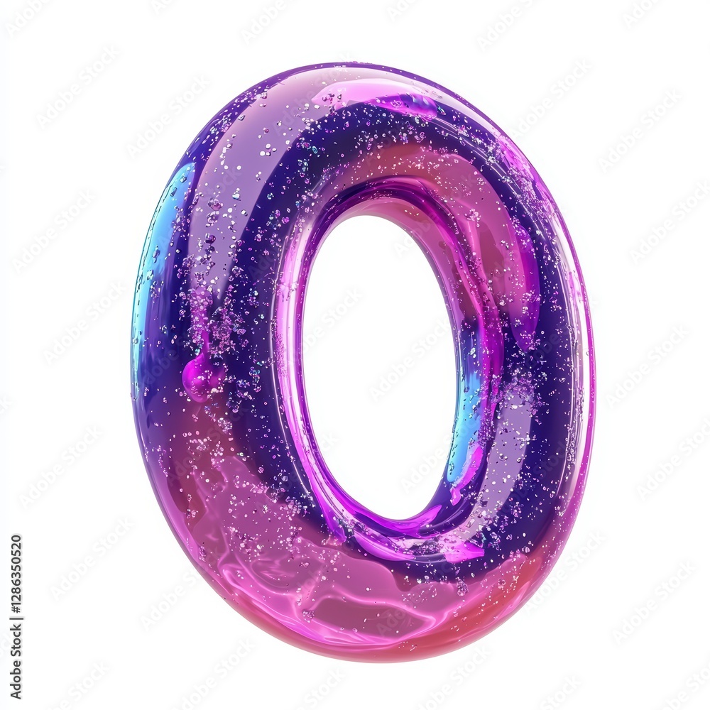 Number 0 made of glossy purple slime with holographic glitter particles suspended inside isolated on a clean white background Number 0 made of glossy purple slime with holographic glitter particles suspended inside isolated on a clean white background