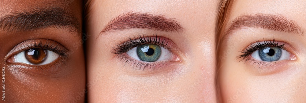 Naklejka premium Close up view of three women's eyes, showcasing diverse skin tones and eye colors brown, green, and blue. The image emphasizes natural beauty and