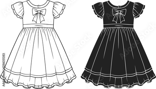 Girls Empire Babydoll Dress design with smocking chest details flat sketch fashion illustration drawing