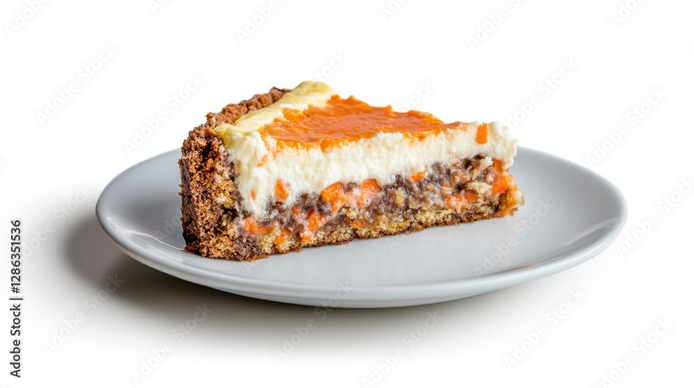 Creamy carrot cake cheesecake slice on a plate, featuring a layer of orange carrot topping, a creamy cheesecake layer, and a crunchy base. Creamy carrot cake cheesecake slice on a plate, featuring a layer of orange carrot topping, a creamy cheesecake layer, and a crunchy base.