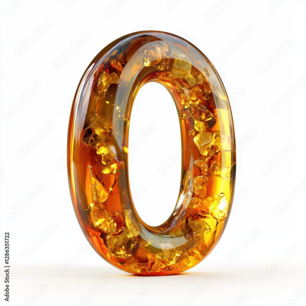 Number 0 made of smooth polished amber with golden inclusions isolated on a clean white background Number 0 made of smooth polished amber with golden inclusions isolated on a clean white background