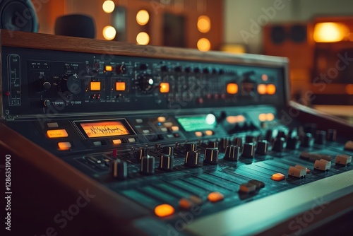 a modern recording studio control room bathed in warm ambient lighting featuring vintage analog equipment led displays and wood paneling captured in cinematic 8k detail photo