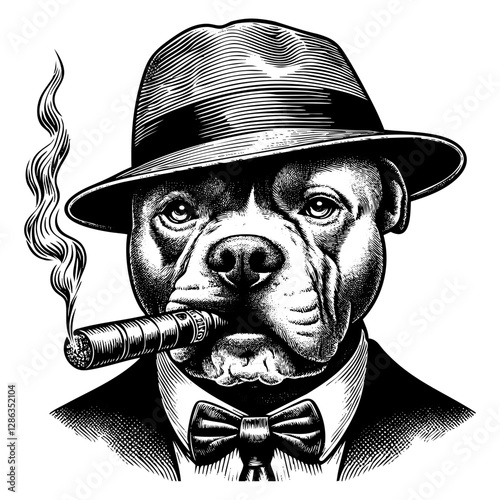 Pitbull dog wear suit and crtero hat while smoking cigar sketch engraving black and white outline. Scratch board imitation.  illustrated in vintage line art style on a white background.
