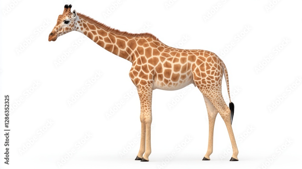 Fototapeta premium A giraffe standing against a white background. The giraffe is brown and yellow with dark brown spots. It is looking to the left