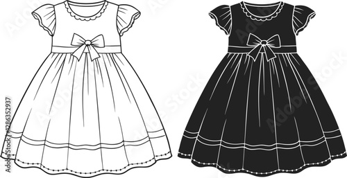 Girls Empire Babydoll Dress design with smocking chest details flat sketch fashion illustration drawing