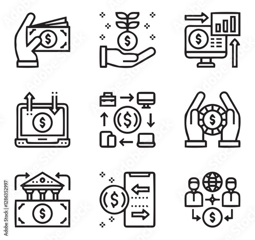 A set of black and white financial icons in a modern, minimalistic line art style. The icons depict various financial concepts, including cash transactions, online banking, investment growth
